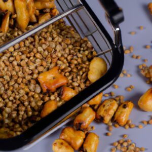 Imagem de chips de grão de bico crocantes e dourados feitos na airfryer, servidos em uma tigela com um lado de molho.