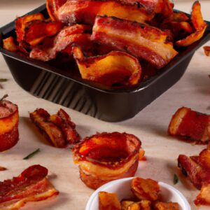Imagem de uma sobrecoxa de frango assada com bacon, preparada na Airfryer. A sobrecoxa está dourada e crocante, coberta com fatias de bacon crocantes. O prato é acompanhado por uma salada fresca e um molho de sua preferência.