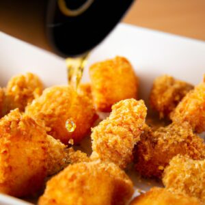 Imagem de uma sobrecoxa de frango assada em uma airfryer, coberta com queijo parmesão ralado. A sobrecoxa é mostrada em cima de uma superfície escura, com gotas de gordura escorrendo pela lateral.