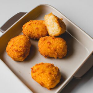 Imagem de uma sobrecoxa de frango recheada com farofa, bacon e queijo, cozida em uma airfryer. O frango está dourado e crocante, com a farofa saltitante e o queijo derretido borbulhando por cima.