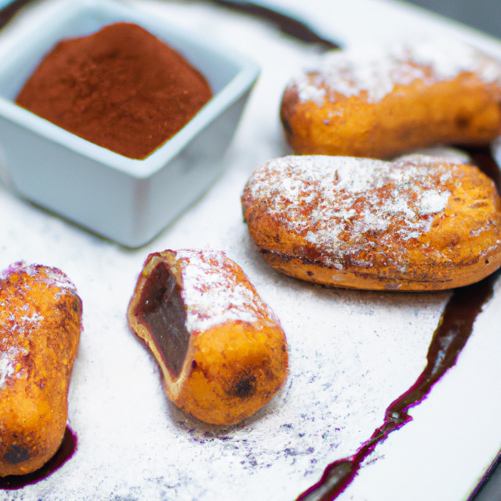 Imagem mostra uma sobremesa de banana feita na Airfryer. A banana é cortada em fatias e coberta com canela e açúcar. A sobremesa é assada por 8 minutos até ficar dourada e caramelizada.