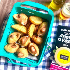 Imagem mostra uma airfryer com uma cesta cheia de sonhos fritos. Os sonhos são dourados e crocantes, com uma pitada de açúcar de confeiteiro por cima. A imagem também mostra um prato com sonhos adicionais, prontos para serem servidos.