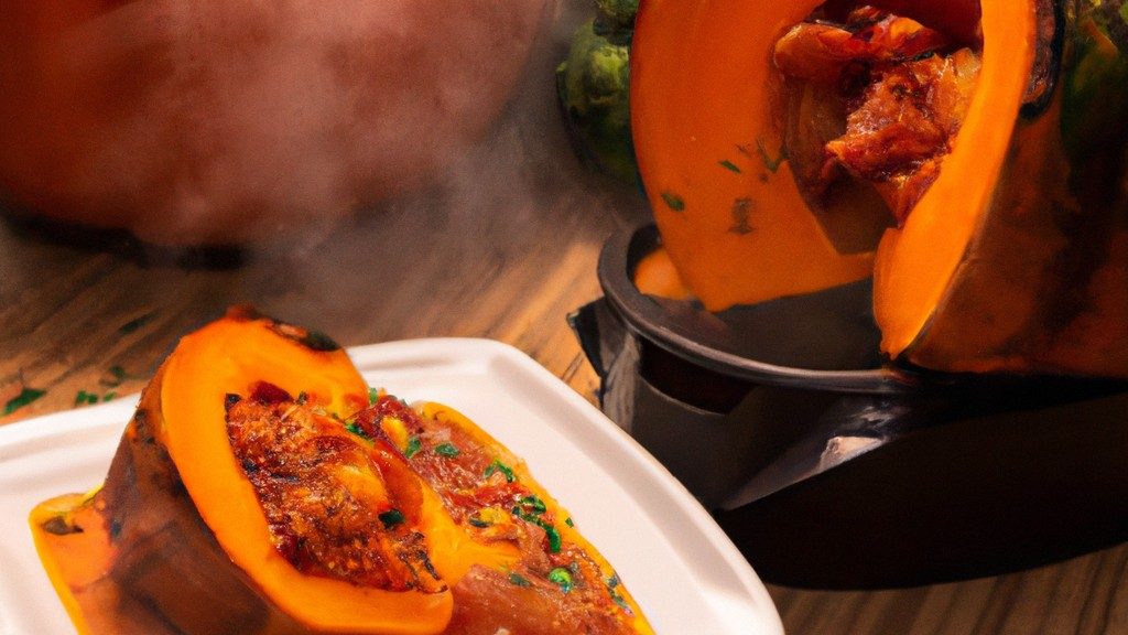 Uma foto de uma tigela branca cheia de sopa de abóbora assada, guarnecida com sementes de abóbora e salsa. A sopa é de cor laranja vibrante e tem uma textura cremosa. A tigela é colocada sobre uma mesa de madeira e ao fundo há uma airfryer preta.