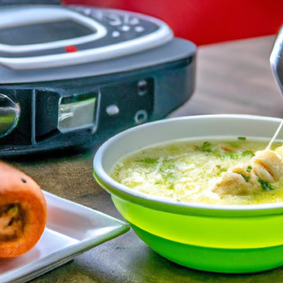 Foto de uma tigela com sopa de legumes fumegante, feita na Airfryer. A sopa é marrom-dourada e cheia de vegetais coloridos, como cenouras, aipo e cebolas. A tigela está em uma mesa de madeira, e há uma colher ao lado da tigela.