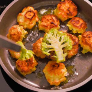 Imagem de um suflê de couve-flor dourado e crocante em uma cesta de AirFryer. A couve-flor é visível através da crosta, e o suflê está salpicado de ervas frescas.