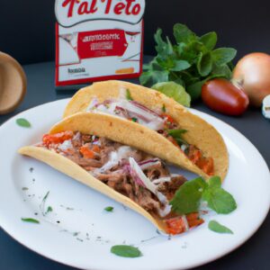 Imagem de tacos dourados e crocantes servidos em um prato com guarnições como cebola vermelha picada, coentro, queijo e fatias de limão ao lado. Esses tacos são feitos na airfryer, o que os torna uma opção fácil e rápida para uma refeição mexicana caseira.