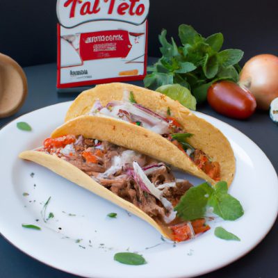 Imagem de tacos dourados e crocantes servidos em um prato com guarnições como cebola vermelha picada, coentro, queijo e fatias de limão ao lado. Esses tacos são feitos na airfryer, o que os torna uma opção fácil e rápida para uma refeição mexicana caseira.