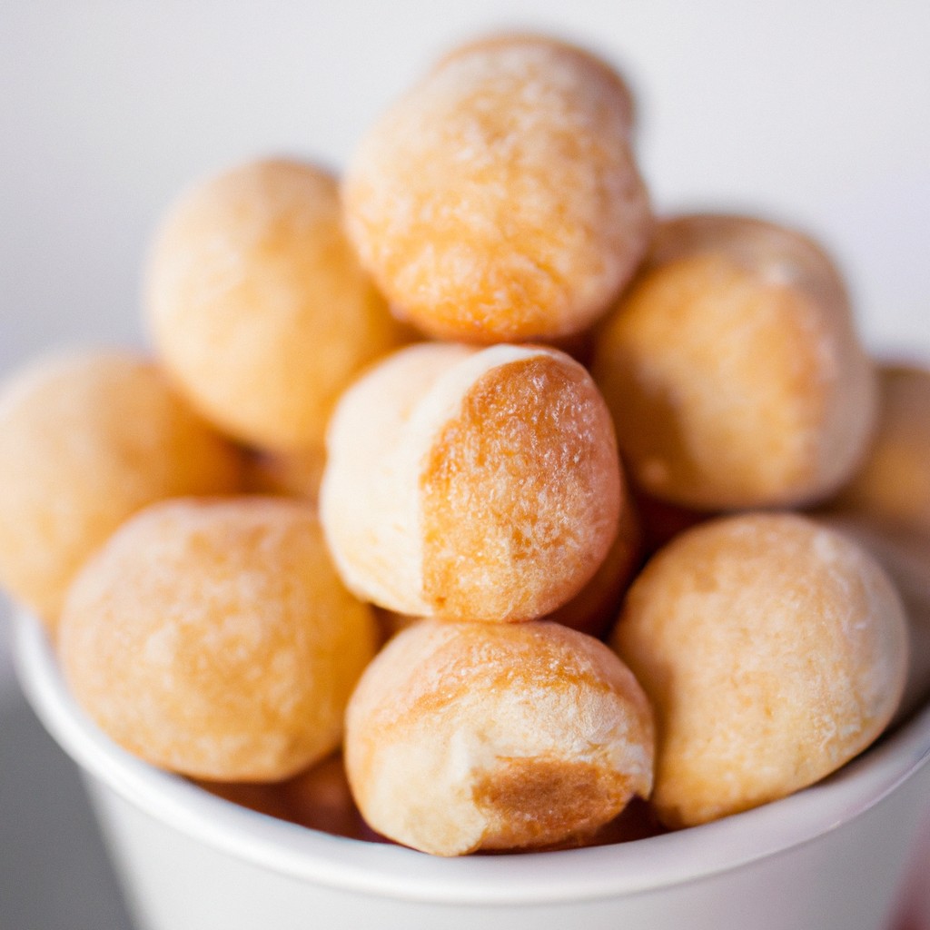 Imagem de uma tigela de tapioca cozida em uma airfryer. A tapioca é branca e tem uma textura crocante. A tigela está sobre uma superfície de madeira escura.