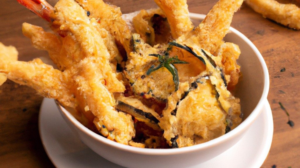 Imagem de tempura crocante e dourada preparada na Airfryer, com um fundo de paus de bambu. O tempura é feito com legumes frescos e frutos do mar, revestidos em uma massa leve e frita até ficar crocante.