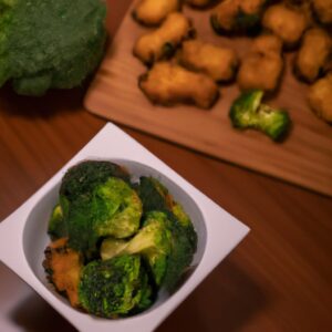 Imagem de brócolis empanado e frito em uma AirFryer. O brócolis é verde brilhante e crocante, com uma crosta dourada.