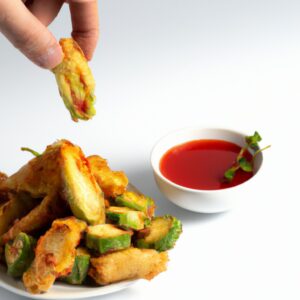 Imagem de um prato com tempura de legumes fritos ao ar, que inclui cenoura, brócolis, couve-flor e cebola, servidos com um molho para mergulhar.