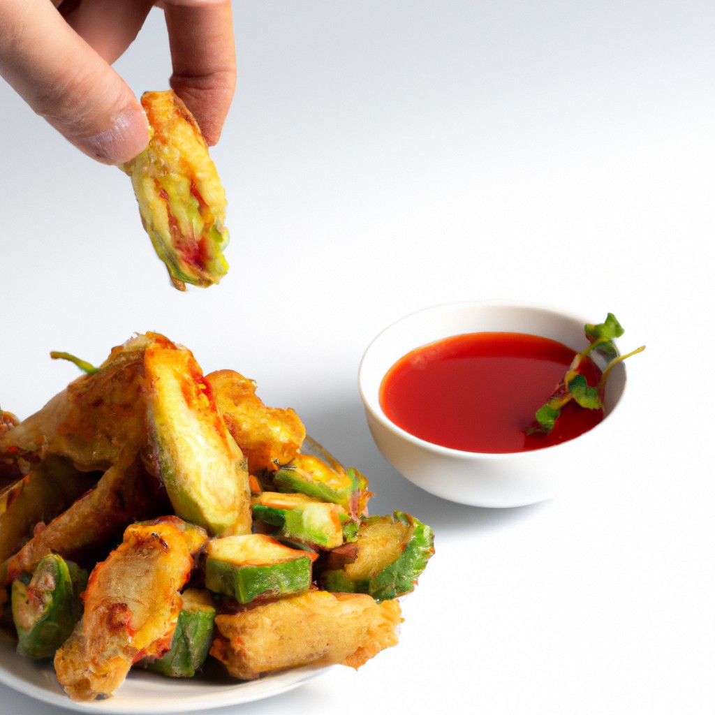 Imagem de um prato com tempura de legumes fritos ao ar, que inclui cenoura, brócolis, couve-flor e cebola, servidos com um molho para mergulhar.