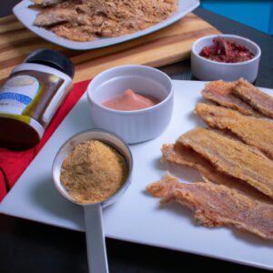 Imagem de filé de tilápia empanado com bacon, cozido em uma airfryer. O filé é dourado e crocante, com fatias de bacon por cima. A airfryer é visível ao fundo.