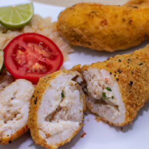 Imagem de uma tilápia inteira recheada com uma farofa dourada e crocante, cozida em uma Airfryer. O peixe é coberto com uma mistura de ervas e especiarias, e o recheio de farofa é visível através de uma fenda na barriga do peixe.