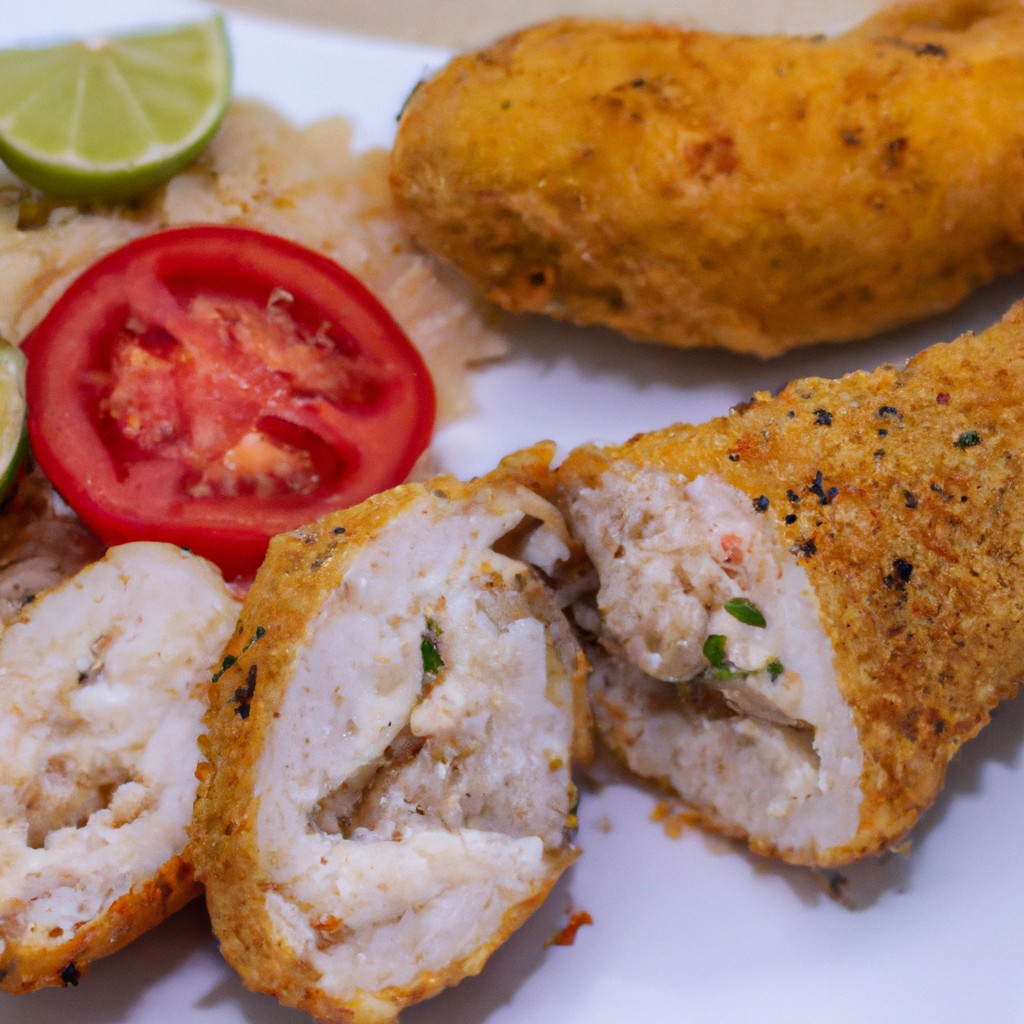 Imagem de uma tilápia inteira recheada com uma farofa dourada e crocante, cozida em uma Airfryer. O peixe é coberto com uma mistura de ervas e especiarias, e o recheio de farofa é visível através de uma fenda na barriga do peixe.