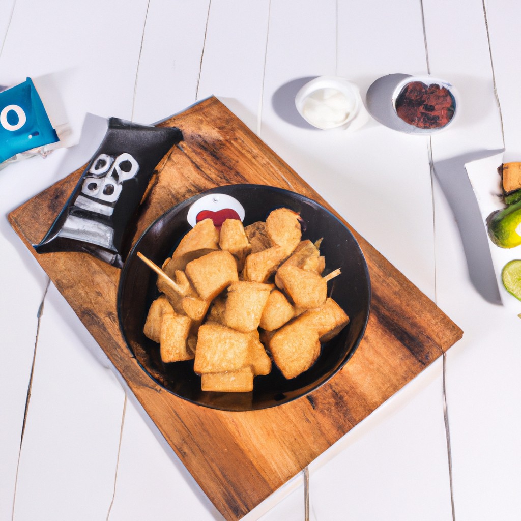 Tofu Empanado Na Airfryer: Receita Deliciosa E Fácil De Fazer 1 Imagem de tofu empanado crocante e dourado em uma airfryer, com palitos de cenoura e aipo ao lado.