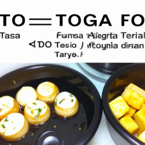 Imagem de tofu assado numa fritadeira de ar. O tofu está cortado em cubos e coberto com uma marinada espessa. Está disposto numa cesta de fritadeira de ar e assado até ficar crocante e dourado.