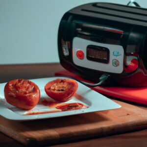 Imagem de tomates vermelhos brilhantes e suculentos assados em uma fritadeira de ar quente, com um pouco de azeite e ervas frescas por cima. Os tomates estão ligeiramente enrugados e caramelizados, com um aspecto delicioso e apetitoso.