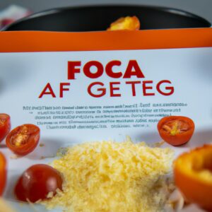 Foto aérea de um prato retangular branco contendo tomate cortado em fatias e ovos fritos em uma airfryer. O tomate é temperado com sal e pimenta e os ovos são cozidos até ficarem dourados e crocantes. Ao fundo, há um fundo escuro com utensílios de cozinha e ingredientes visíveis.