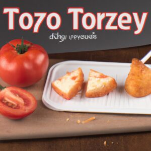 Imagem de tomates cortados ao meio e recheados com queijo branco, assados em uma airfryer. Os tomates estão dourados e o queijo está derretido e borbulhante.