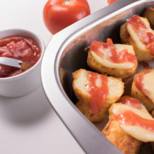 Imagem de um prato com tomate recheado com queijo minas, preparado na airfryer. O tomate está cortado ao meio e o queijo derretido está cobrindo o topo. O prato é acompanhado por uma salada verde e um pedaço de pão.