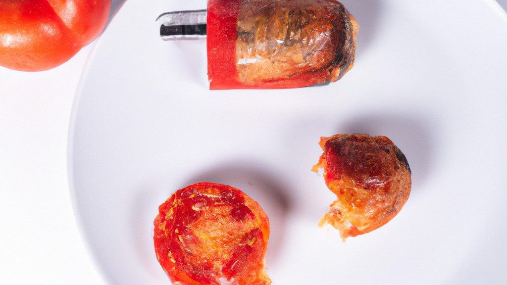 Imagem ilustrativa de tomates recheados sendo preparados em uma Airfryer. Os tomates são cortados ao meio e recheados com uma mistura de arroz, carne moída, temperos e queijo. Eles são colocados em uma Airfryer e cozidos até que os tomates estejam macios e o recheio esteja cozido.