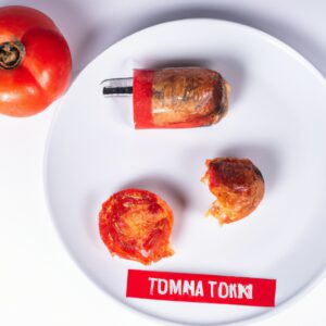Imagem ilustrativa de tomates recheados sendo preparados em uma Airfryer. Os tomates são cortados ao meio e recheados com uma mistura de arroz, carne moída, temperos e queijo. Eles são colocados em uma Airfryer e cozidos até que os tomates estejam macios e o recheio esteja cozido.
