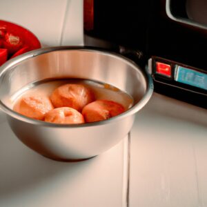 Imagem de tomates inteiros vermelhos brilhantes e suculentos em uma Airfryer, com azeite e ervas espalhados por cima. Os tomates são levemente enrugados e caramelizados nas bordas, indicando que foram cozidos até a perfeição.