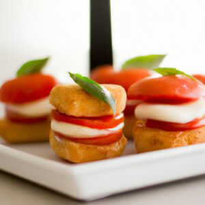 Uma foto de cima para baixo de duas fatias de pão torrado com tomate, mussarela e manjericão em cima, em um prato branco com uma tigela de salada ao lado.