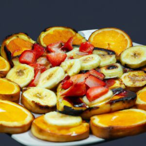 Imagem de torradas crocantes cobertas com frutas frescas e coloridas, como mirtilos, morangos e bananas. As torradas são feitas na Airfryer, resultando em um exterior crocante e um interior macio e fofo. A combinação de frutas doces e torradas crocantes cria um café da manhã ou lanche delicioso e saudável.