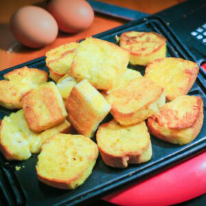 Imagem de uma torrada coberta com ovo cozido e queijo derretido em uma cesta de airfryer. A torrada é dourada e crocante, e o ovo e o queijo estão perfeitamente derretidos e borbulhantes.