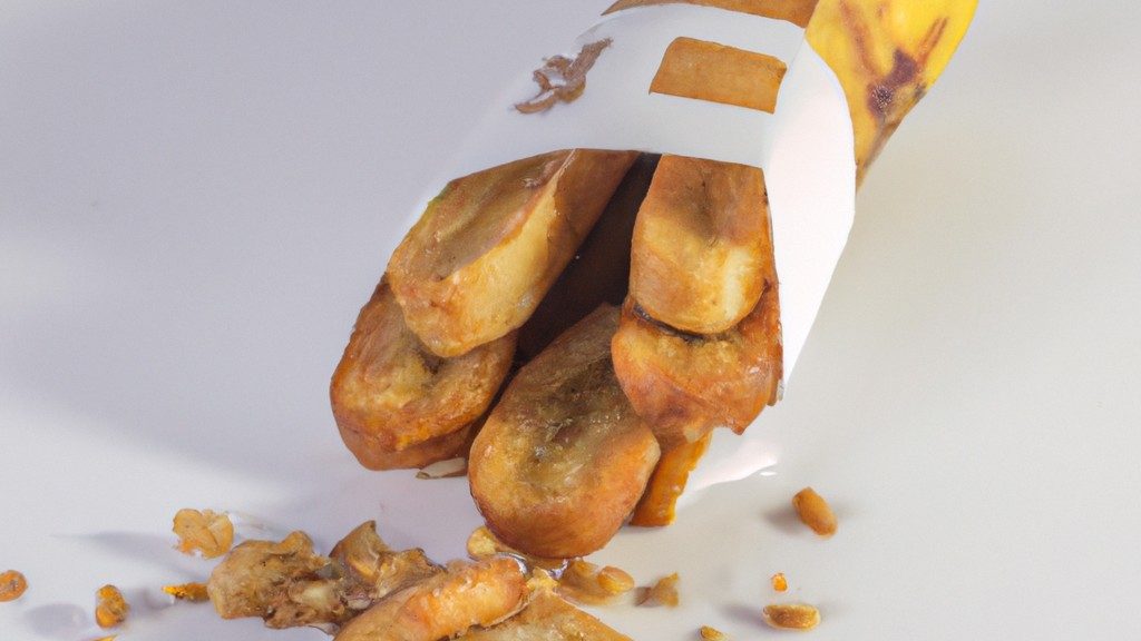 Foto de uma fatia de torrada de banana com mix de nozes em uma airfryer. A torrada é coberta com nozes picadas, sementes de chia e mel.