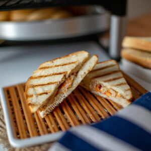 Imagem de torradas de pão integral na Airfryer cobertas com frango desfiado e queijo ricota. As torradas estão douradas e crocantes, e o frango e a ricota adicionam uma deliciosa combinação de sabores e texturas. A Airfryer proporciona uma maneira rápida e fácil de preparar uma refeição saudável e satisfatória.