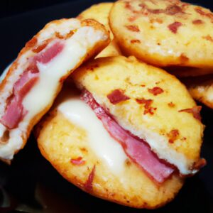 Imagem de torradas de queijo com presunto preparadas na Airfryer. Elas são douradas e crocantes, com queijo derretido e presunto salgado. O fundo da imagem tem uma tábua de cortar de madeira e uma faca.