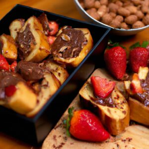 Imagem de uma fatia de torrada doce crocante com amendoim picado, fatias de morango fresco e lascas de chocolate derretido por cima. A torrada está sobre um prato branco em uma superfície de madeira, com um fundo branco.