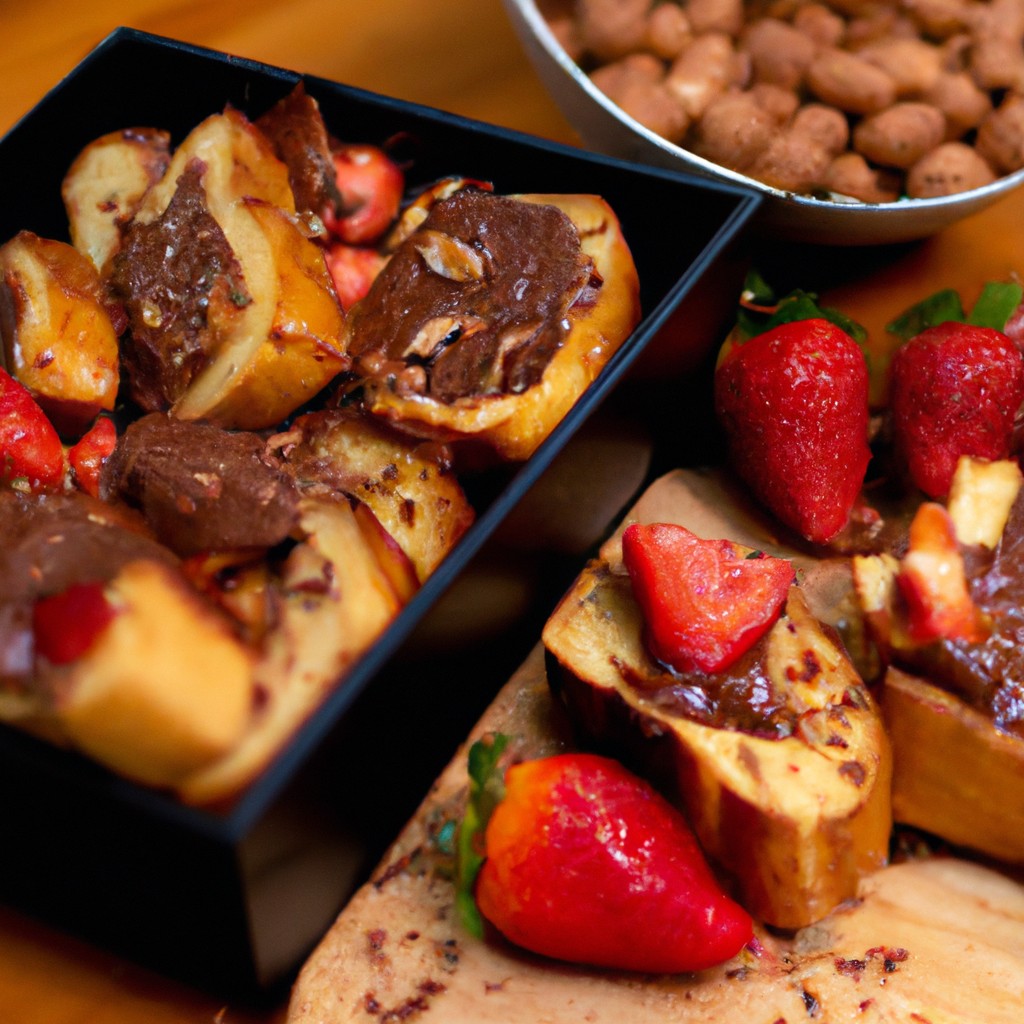 Imagem de uma fatia de torrada doce crocante com amendoim picado, fatias de morango fresco e lascas de chocolate derretido por cima. A torrada está sobre um prato branco em uma superfície de madeira, com um fundo branco.
