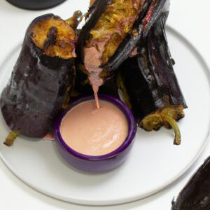 Foto de uma torre de berinjela assada em uma Airfryer. As fatias de berinjela são empilhadas verticalmente com uma crosta dourada e crocante, mostrando o interior macio e cozido. A imagem é acompanhada do texto "Torre De Berinjela Na Airfryer: Receita Diferente E Deliciosa".