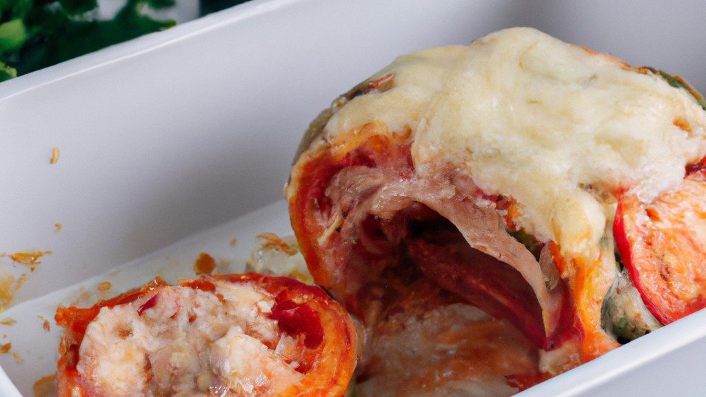 Uma imagem de uma torta de atum assada em uma airfryer, servida em um prato com fatias de limão. A torta tem uma crosta dourada e um recheio de atum branco, vegetais e queijo.