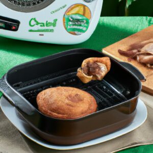 Imagem de uma fritadeira Air Fryer Black & Decker com um livro de receitas aberto ao lado. O livro de receitas contém uma variedade de receitas para fazer na fritadeira, incluindo batatas fritas, frango, peixe e vegetais. A fritadeira é de cor preta e tem um design elegante e moderno.