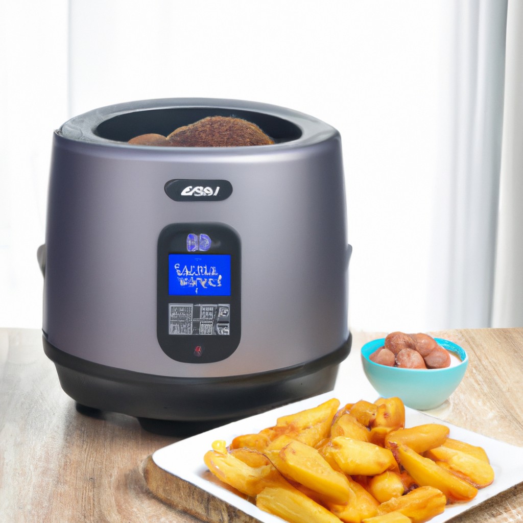 Imagem de uma fritadeira de ar Electrolux EAF30 com capacidade de 30 litros. A fritadeira tem uma cor preta elegante com detalhes em inox e um display digital frontal. Ela possui uma cesta removível antiaderente e uma alça ergonômica para fácil manuseio. A imagem mostra várias opções de receitas que podem ser preparadas na fritadeira, incluindo batatas fritas, frango, peixe e vegetais.