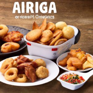 Imagem de duas famílias, uma com uma fritadeira de ar e a outra com uma air fryer grand family. As duas famílias estão sorrindo e felizes. O texto na imagem diz "Air Fryer Family e Grand Family - Mondial Receitas".