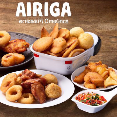 Imagem de duas famílias, uma com uma fritadeira de ar e a outra com uma air fryer grand family. As duas famílias estão sorrindo e felizes. O texto na imagem diz "Air Fryer Family e Grand Family - Mondial Receitas".