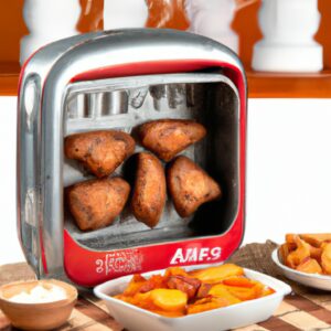 Imagem de uma fritadeira Air Fryer Midea 4 L branca em cima de uma bancada. A fritadeira tem um formato oval com uma alça preta e uma tela LCD na parte frontal. A fritadeira está aberta, revelando uma cesta de fritura removível.
