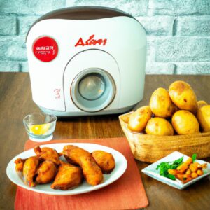 Imagem de uma Air Fryer Mondial Family Inox de 4 litros em formato retangular, com cesto interno quadrado e grelha removível. A air fryer é feita de aço inoxidável e possui botões de controle na parte frontal. O texto "Air Fryer Mondial Family Inox 4L" está escrito na parte superior da air fryer.