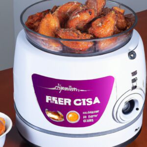 Imagem de uma Air Fryer Oster de 10 litros, um aparelho de cozinha usado para fritar alimentos sem óleo. A Air Fryer é preta e tem um cesto removível com capacidade para até 10 litros de alimentos. O aparelho também possui um painel de controle digital com vários ajustes predefinidos para diferentes tipos de alimentos.