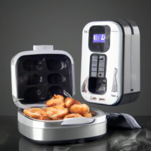 Air Fryer Cadence Multifuncional Cook Fryer Receitas: A imagem mostra uma fritadeira sem óleo Air Fryer Cadence, com um livro de receitas ao lado. A fritadeira tem um acabamento preto e aço inoxidável, e tem um cesto de fritura grande. O livro de receitas contém uma variedade de receitas para usar com a fritadeira, incluindo receitas para pratos fritos, assados, grelhados e assados.