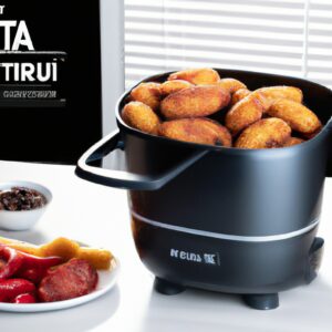 Uma imagem de uma Air Fryer Family Inox Black da Mondial Receitas. A fritadeira é feita de aço inoxidável preto e possui uma cesta removível com capacidade para 3,5 litros. A fritadeira também possui um painel de controle digital com 8 programas predefinidos e uma função de manter aquecido.