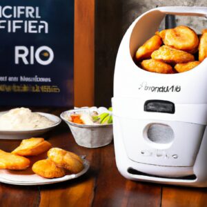 Imagem de uma Fritadeira Airfryer Midea branca de 4 litros, com capacidade de 127 volts. A fritadeira não utiliza óleo e oferece receitas fáceis e saudáveis.