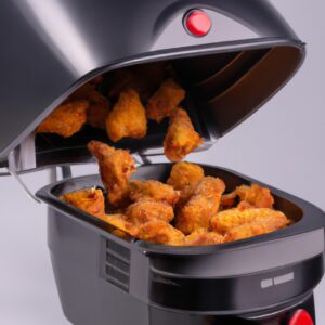 Imagem da Air Fryer Midea Minifry FRA30B, uma fritadeira sem óleo com capacidade de 3 litros, cor preta e design moderno. Possui um painel de controle touch screen com funções pré-programadas para diversos alimentos, além de timer e desligamento automático. A Air Fryer é ideal para preparar alimentos crocantes e saborosos com pouco ou nenhum óleo, promovendo uma alimentação mais saudável.