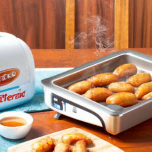 Imagem de uma Air Fryer Mondial Afn-50-Bi com capacidade de 5 litros, cor preta e interior revestido com antiaderente. Possui painel digital com 8 funções pré-programadas, timer de 60 minutos e temperatura ajustável de 80°C a 200°C.